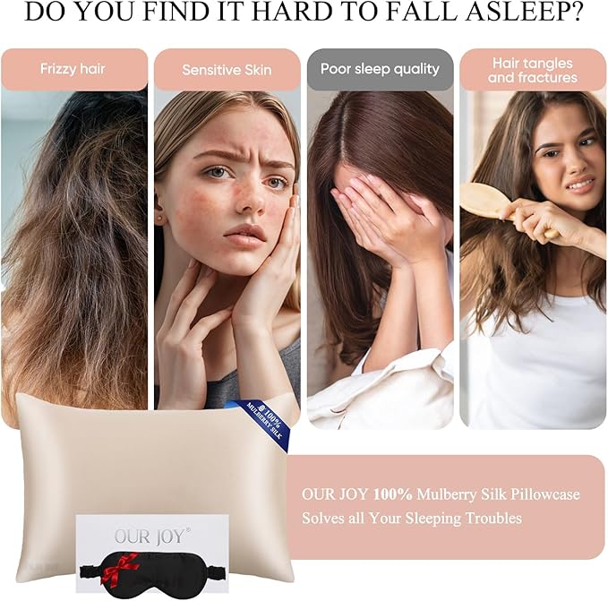 100% Mulberry Silk Pillowcase 22 Momme (SGS Certified) with Free Silk Eye Mask - Luxury Gift-Ready Folded Packaging, Cooling Pillow Cover for Hair & Skin Care (Champagne, Standard (1 Pack))