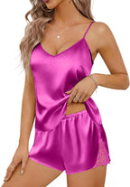 Ekouaer Satin Pajama Set for Women 2 Piece Silky Pjs Lace Cami Top and Shorts V Neck Lingerie Soft Nightwear