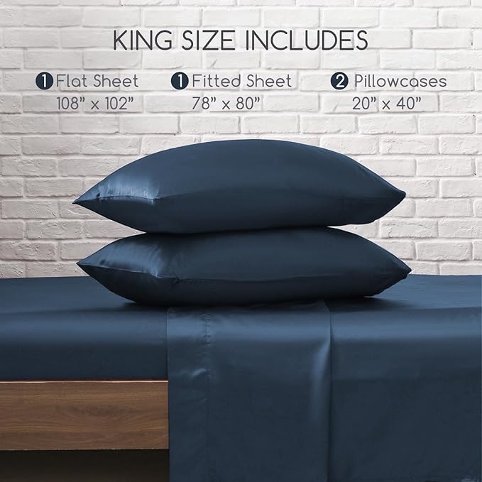 MR&HM Satin Bed Sheets with Elastic Corner Straps, King Size Sheets Set, 4 Pcs Silky Bedding Set with 15 Inches Deep Pocket for Mattress (King, Mood Indigo)