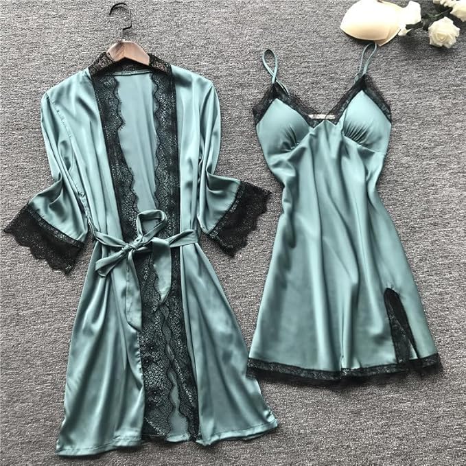 Women's 4pcs Silk Satin Pajamas Set Floral Lace Trim Dress with Robe Lounge Sleepwear Nightdress Novelty Loungewear