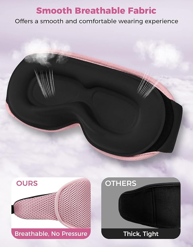 Sleep Mask with Bluetooth Headphones, Removable 3D Contoured Cup, Wireless Eye Mask for Sleep, Sleeping Headphones with Thin Stereo Speakers for Men, Women, Travel, Relaxation - Pink