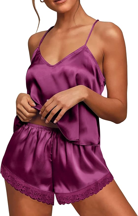 Ekouaer Satin Pajamas Women Lace Sleepwear Lingerie Cami Shorts Set Nightwear XS-XXL