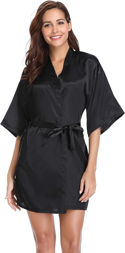Vlazom Womens Kimono Robes Dressing Gown Satin Bathrobe Nightdress Short Style Bridal Robe