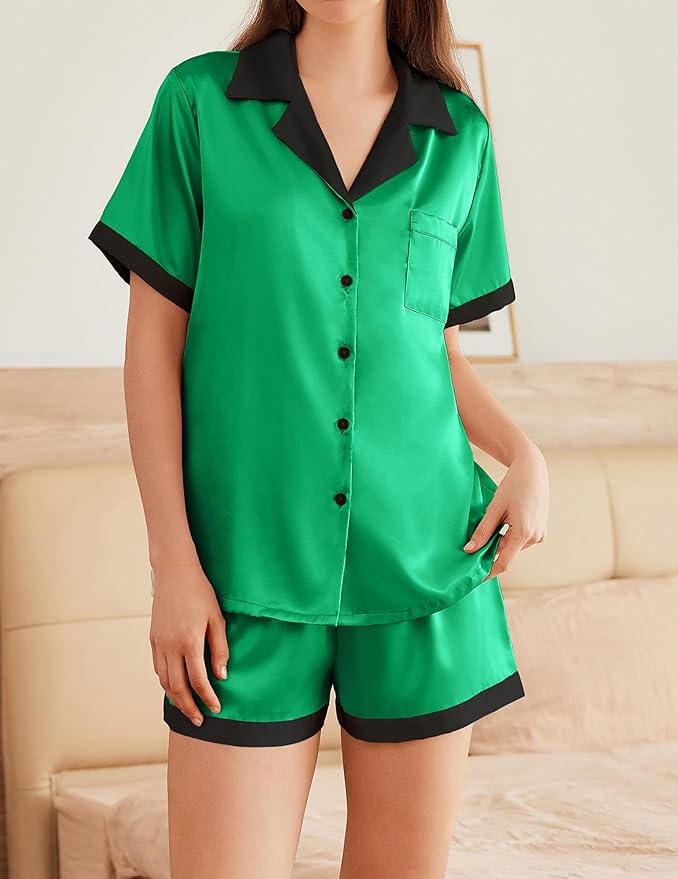 Ekouaer Womens Silk Satin Pajama Set Short Sleeve PJs 2 Piece Button Down Top and Shorts Notch Collar Sleepwear Sets Soft Pjs