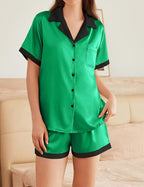 Ekouaer Womens Silk Satin Pajama Set Short Sleeve PJs 2 Piece Button Down Top and Shorts Notch Collar Sleepwear Sets Soft Pjs