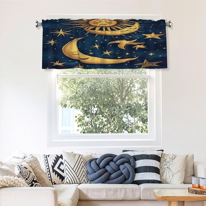 Whimsical Golden Sun, Moon, Stars Night Curtain Valance Peach Skin Velvet Printed Window Valance with Rod Pocket Light Filtering for Kitchen Bathroom 54x18in