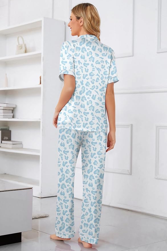 Umeyda Girls Womens Pajamas Set, Satin Silky Button Down Loungewear 2 Piece Short Sleeve Pants PJS Sets for Mommy Kids