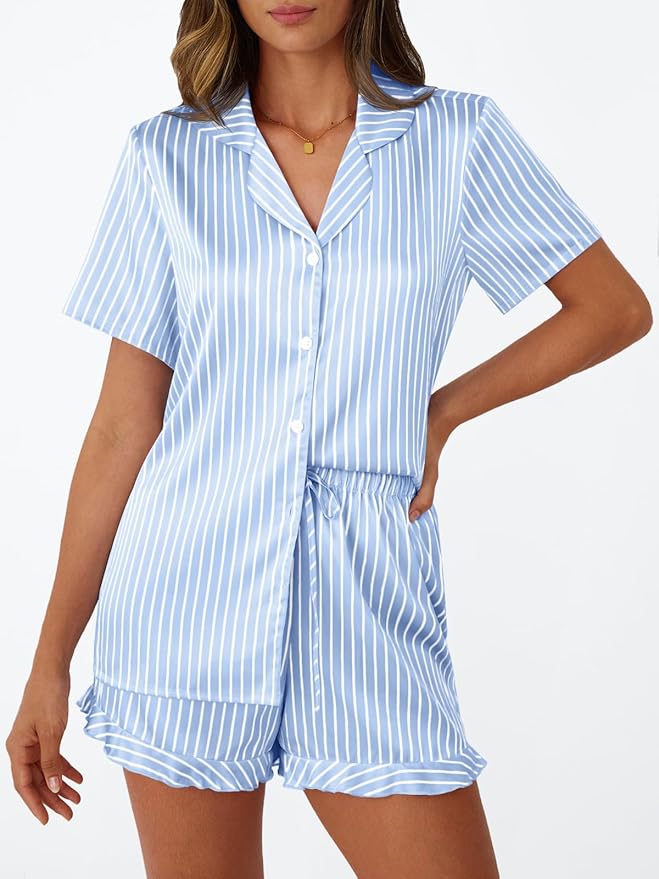 LILLUSORY Womens Satin Silk Pajamas Set 2 Piece Ruffle Pjs Winter Matching Lounge Sleepwear Button Down Striped Shirt Shorts