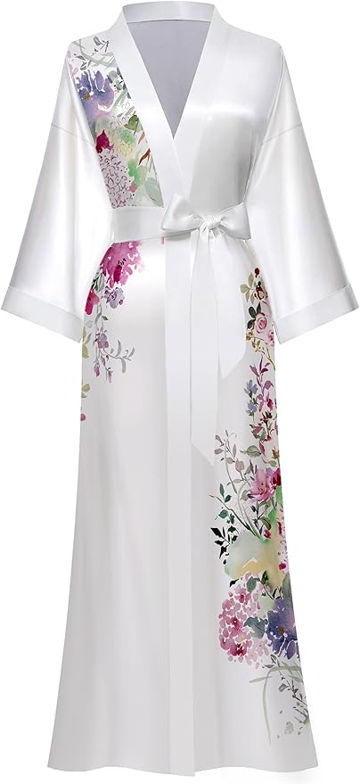 Kihnop Women's Floral Long Kimono Robe Long Satin Robe Long Silk Robe Ladies Kimonos Silky Bathrobe Cover Up, One Size
