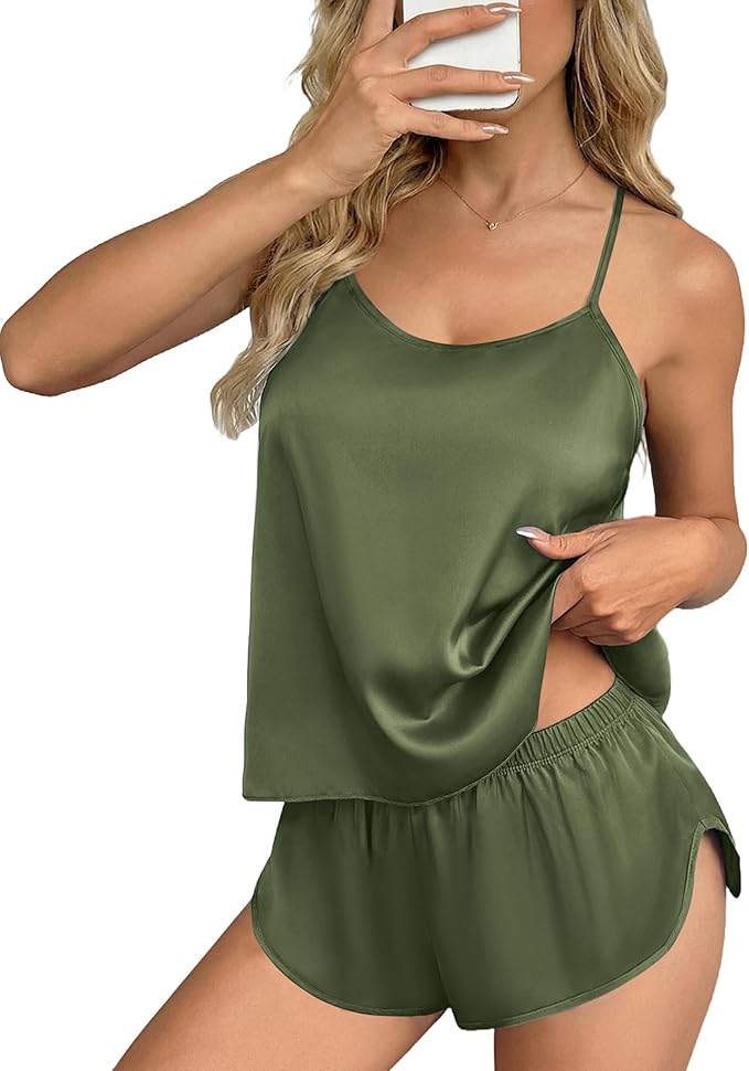 Ekouaer Silk Pajamas Set for Women Satin Backless Lingerie Pjs Cami Top and Shorts Nightwear