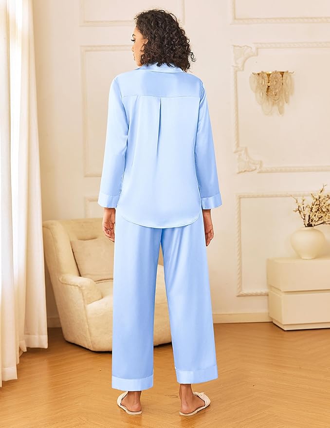 Ekouaer Womens Silk Satin Pajama Sets 2 Piece Sleepwear Pjs Set Long Sleeve Button Down Top and Pants Stripe Loungewear S-XXL