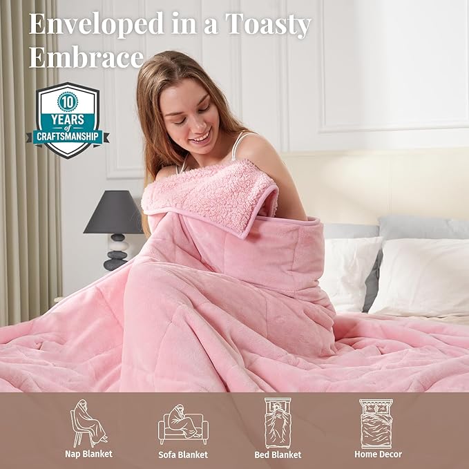 Topblan Sherpa Fleece Weighted Blanket for Adult, 15 lbs Dual Sided Cozy Fluffy Heavy Blanket, Ultra Fuzzy Throw Blanket with Soft Plush Flannel Top, 48 x 72 inches, Pink