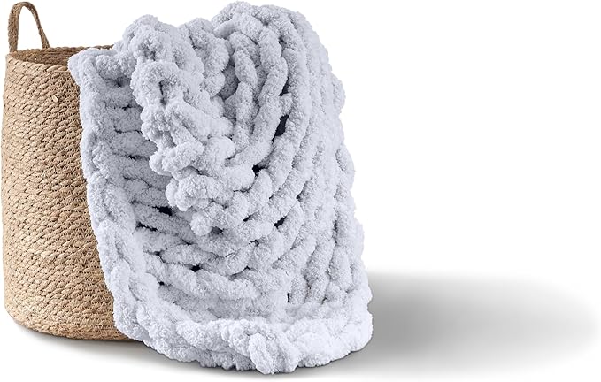Adyrescia Chunky Knit Blanket Throw | 100% Hand Knit with Jumbo Chenille Yarn (60"x80", Light Gray)