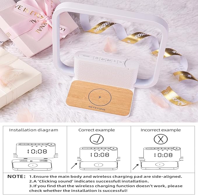 RETEYUNG Sunrise Alarm Clock for Heavy Sleepers,Touch Desk Lamps for Nightstand with Wireless Charger Station for iPhone/Samsung,Sound Machine,Wake Up Light/Snooze/Timer/10 Natural Sounds/3 Dimmable