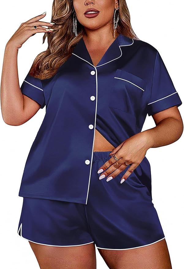 Ekouaer Womens Silk Satin Pajamas Set Short Sleeve Sleepwear Button Down Loungewear 2 Piece Pjs Shorts Set S-5X Plus Size