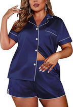 Ekouaer Womens Silk Satin Pajamas Set Short Sleeve Sleepwear Button Down Loungewear 2 Piece Pjs Shorts Set S-5X Plus Size