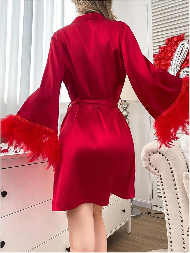GORGLITTER Women's Satin Kimono Robe Feather Silk Robes Bridal Party Bridesmaid Robes