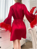 GORGLITTER Women's Satin Kimono Robe Feather Silk Robes Bridal Party Bridesmaid Robes