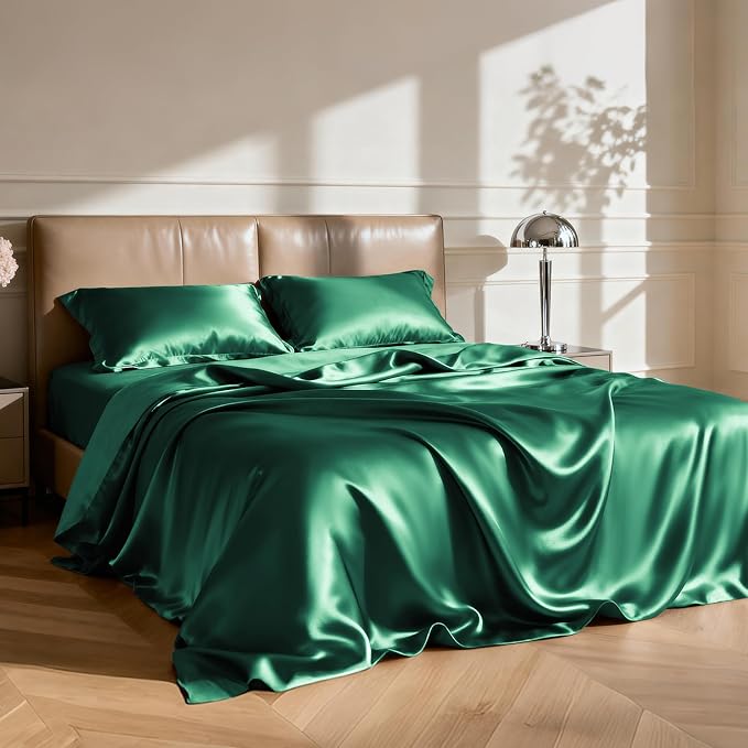 Love's cabin Twin XL Satin Sheet Sets - 3 Piece Dark Green Silky Bed Sheets with Deep Pockets, Luxury Silk Feel Satin Sheet Set Twin XL (1 Flat Sheet,1 Fitted Sheet,1 Pillow case)