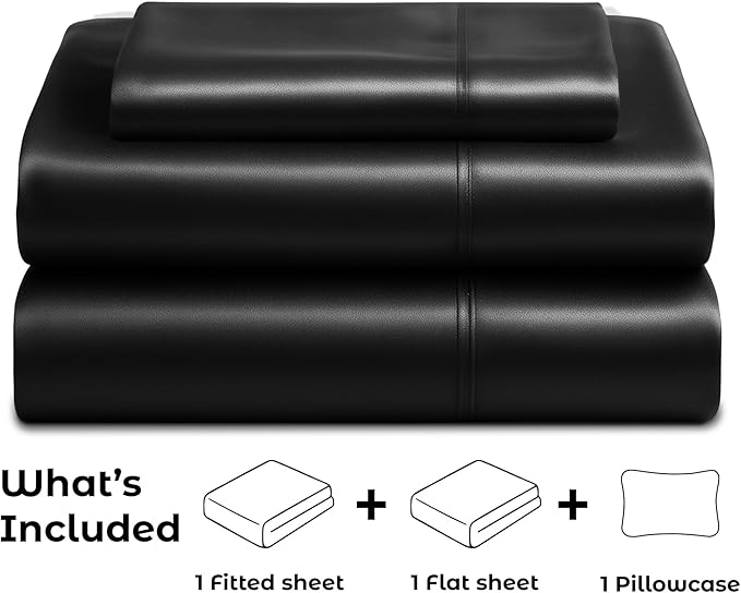 Pure Bedding Satin Sheets Twin [3-Piece, Black] Hotel Luxury Silky Bed Sheets - Extra Soft 1800 Microfiber Sheet Set, Wrinkle, Fade, Deep Pocket Fitted Sheet, Flat Sheet, Pillow Cases