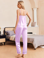 Ekouaer Women Silk Satin Pajamas Sleeveless Pjs Set 2 Piece Summer Loungewear Sleepwear with Pockets S-XXL