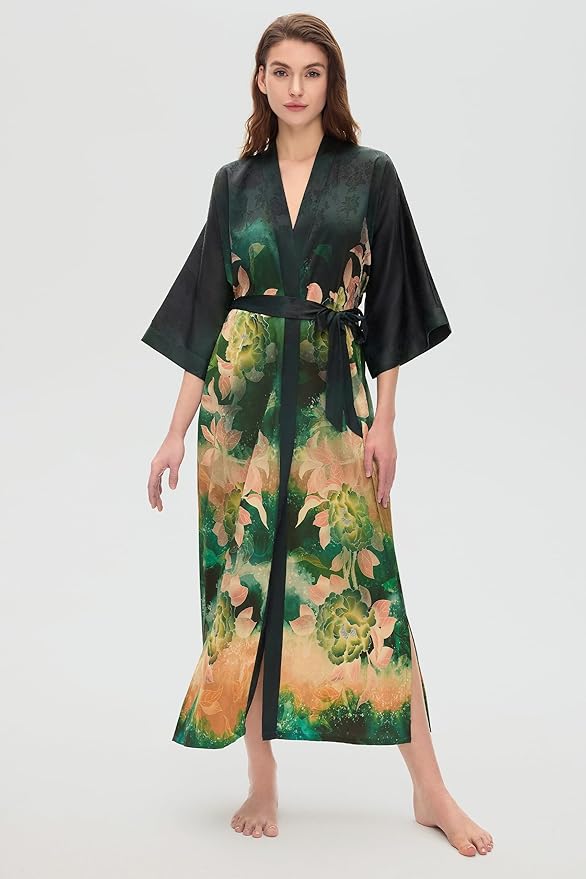 PRODESIGN Kimono Robes for Women - Long Silky Sleepwear Nightgown Bathrobe Floral Dressing Gowns Blouse Bride Bridesmaid Robe