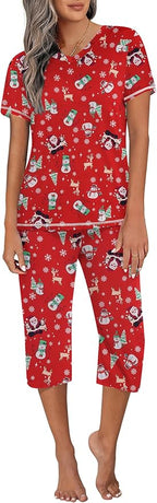 Ekouaer Women's Sleepwear Capri Pajama Sets Short Sleeve Two-Piece Pjs V Neck Tops & Capri Pants with Pockets S-3XL