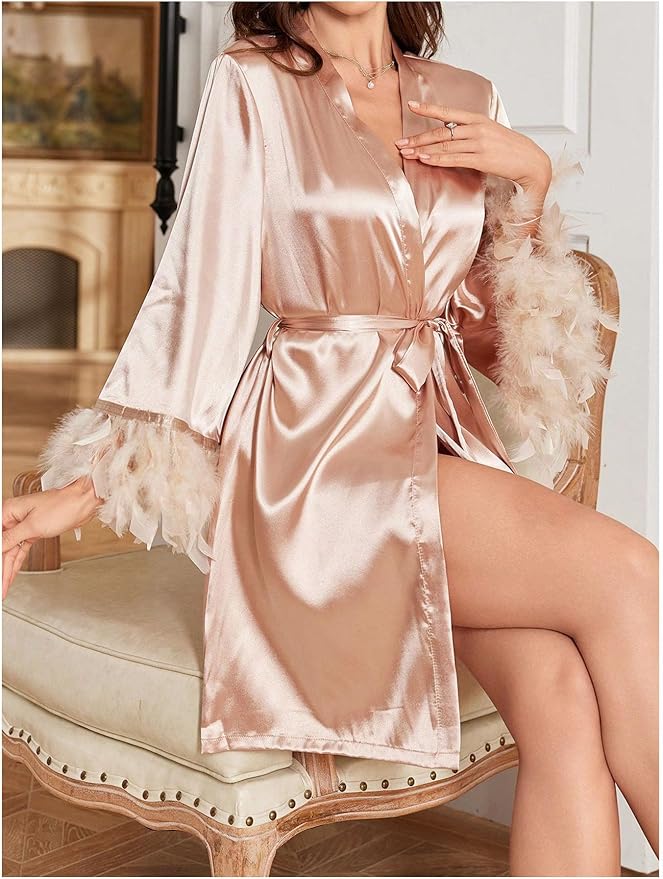 GORGLITTER Women's Satin Kimono Robe Feather Silk Robes Bridal Party Bridesmaid Robes