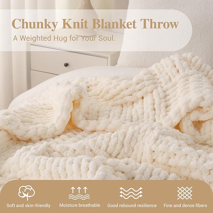 Bunnikins & Clover Cream White Hand Knitted Blanket with Chenille Yarn, Chunky Knit Ivory Throw Blanket for Bed Living Room Home Decor, 50"x60"