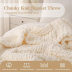 Bunnikins & Clover Cream White Hand Knitted Blanket with Chenille Yarn, Chunky Knit Ivory Throw Blanket for Bed Living Room Home Decor, 50"x60"