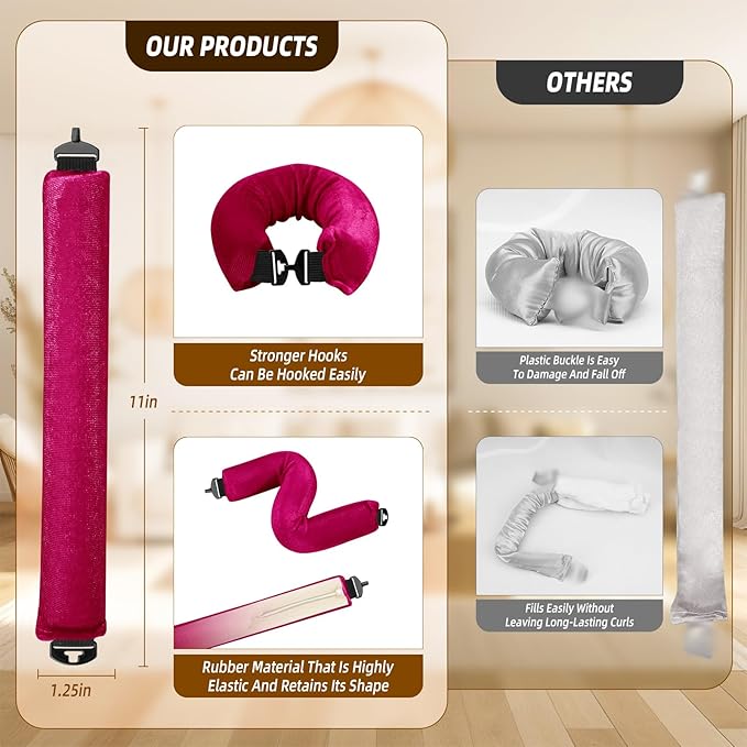 Heatless Curls Overnight Rods Jumbo Set, Heatless Hair Curler Velvet Satin Jumbo Flexi Rods to Sleep in, No Heat Overnight Sleeping Blowout Curls Wave Styling Tools with Silk Scarf 4pcs Rose Red