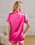 Ekouaer 2 Pack Pajama Sets for Women Silk Satin Pj Short Sleeve Button Down Sleepwear Top and Shorts Summer Lounge Set S-XXL