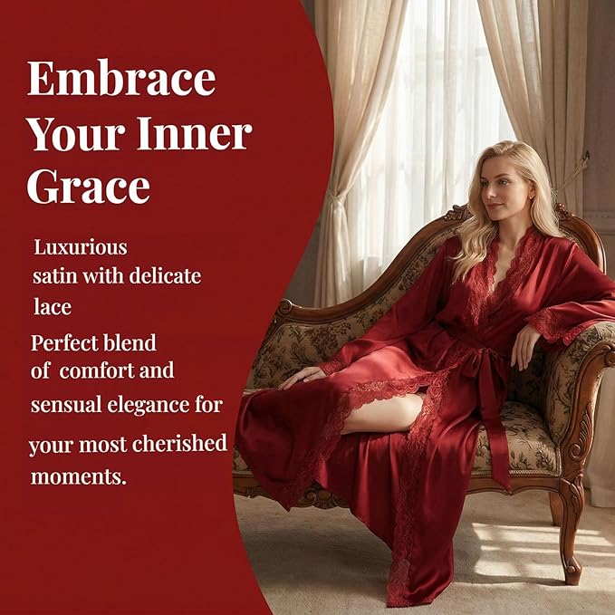 Women Sexy Satin Lace Robe,Long Sleeve Silk Bathrobe with Belt Soft Lightweight Full Length Sleepwear