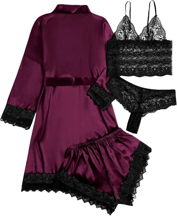 WDIRARA Women' Silk Satin Pajamas Set 4pcs Lingerie Floral Lace Cami Sleepwear with Robe