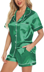 Samring Women's Silk Satin Pajamas Set Short Sleeve Sleepwear Two Piece Button Down Pj Set with Pockets S-XXL
