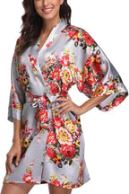 Women's Floral Satin Robes Bride Bridesmaid Getting Ready Robe Short Silky Kimono Sleepwear for Wedding Party