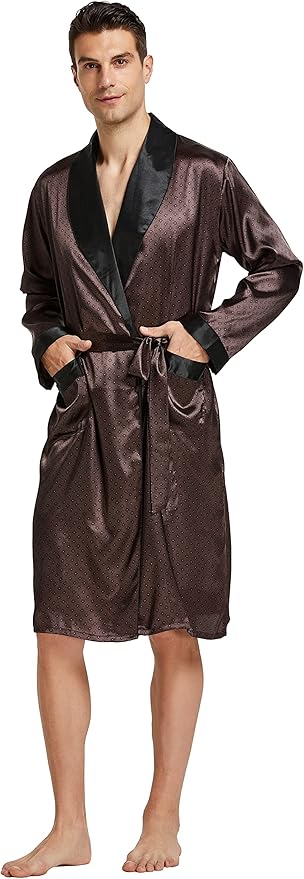 Tony & Candice Men's Satin Robe Lightweight Long Sleeve Silk Kimono Bathrobe with Shorts Set Sleepwear
