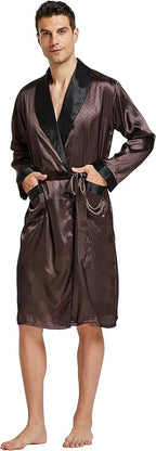 Tony & Candice Men's Satin Robe Lightweight Long Sleeve Silk Kimono Bathrobe with Shorts Set Sleepwear