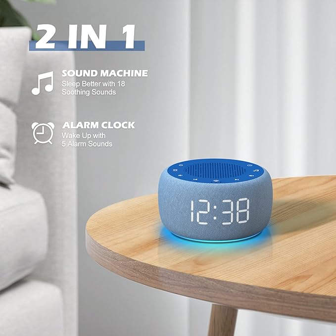 Buffbee Sound Machine & Alarm Clock 2-in-1, 0-100% Clock Face Brightness, Bottom Colored Light, Sleep Timer, Precise 30-Level Volume Control White Noise Machine - Twilight