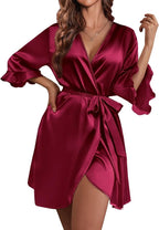 Ekouaer Women's Satin Robe Valentines Lingerie for Women Kimono Bathrobe Short Ruffle Belted Robes Bridesmaids Sleepwear