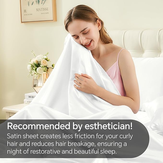 BEDELITE Satin Sheets Queen Size Bed Set, Luxury Soft White Silky Sheets for Hair and Skin, Similar to Silk Bed Sheets Set 4 Pieces （1 Deep Pocket Fitted Sheet, 1 Flat Sheet, and 2 Pillowcases）