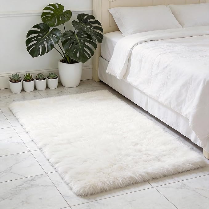 Shag White Rug Small 2x3 Area Rugs for Bedroom Dorm Living Room - Non Slip Ultra Fluffy Shaggy Bedside Area Rugs for Kids Room, Girls Room, Study, Office, Entryway, Playroom, Modern Carpet