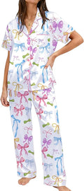 Ekouaer Womens Silky Satin Pajamas Set Short Sleeve Button Down Sleepwear 2 Piece Lounge Set Pj Set
