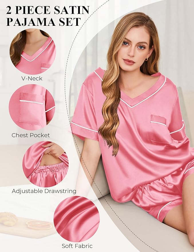 Silk Pajamas for Women Short Sleeve Satin 2 Piece Pj Set Soft V Neck Sleepwear Loungewear, S-XXL
