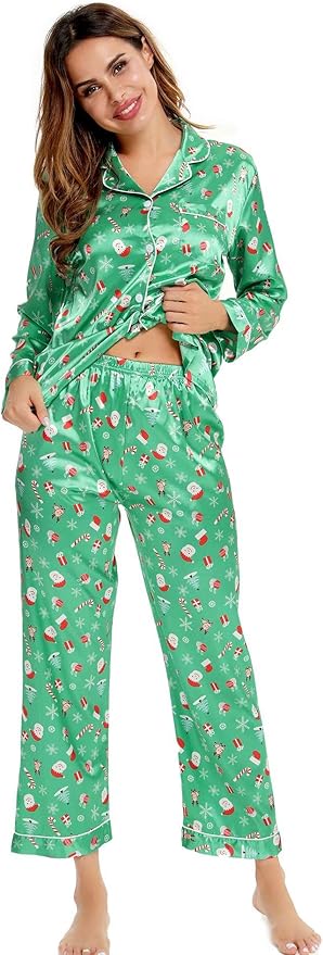 SWOMOG Womens Silk Satin Pajamas Set Long Sleeve Button Down Sleepwear 2 Piece Lounge Set Pj Set XS-3XL