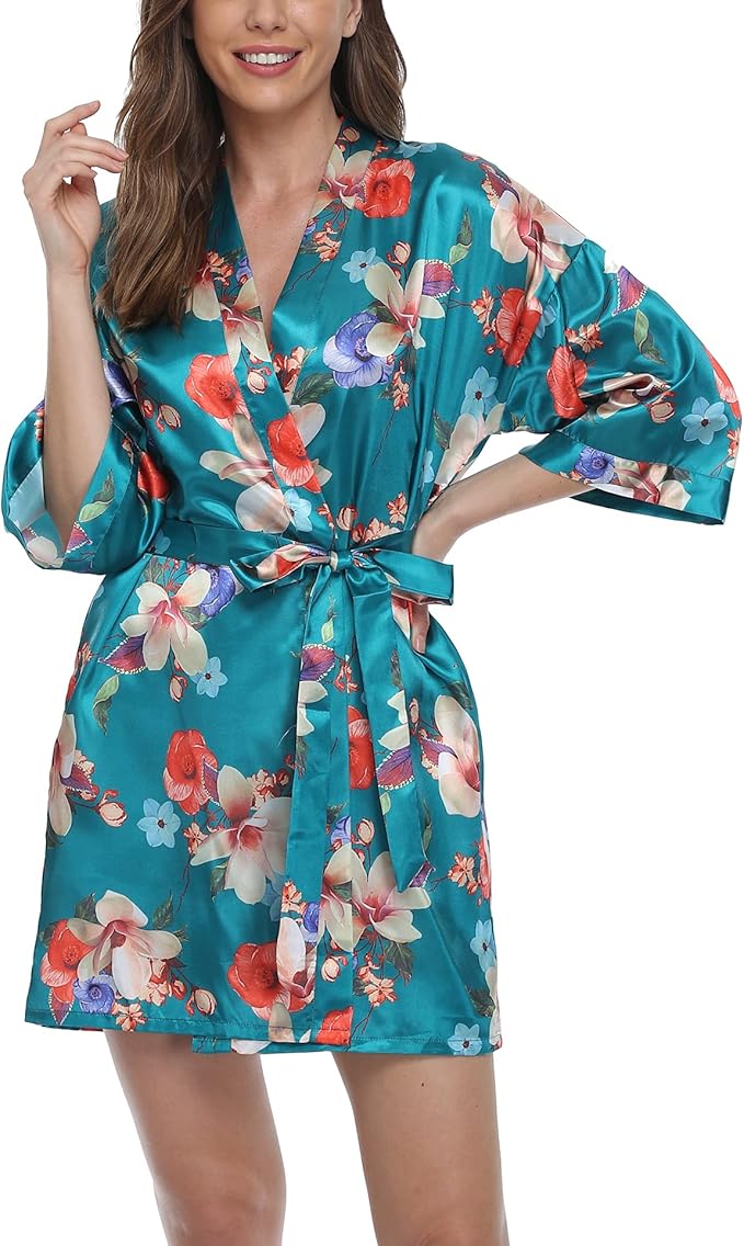 Women's Floral Satin Robes Bride Bridesmaid Getting Ready Robe Short Silky Kimono Sleepwear for Wedding Party