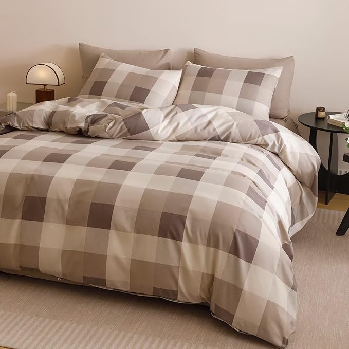 Cottonight Checkered Khaki Comforter Set Queen Men Gingham Grid Bedding Set Khaki and Cream Coffee Grid Comforter Fluffy Soft Blanket Quilts Modern Cottagecore Comforter for Queen Bed