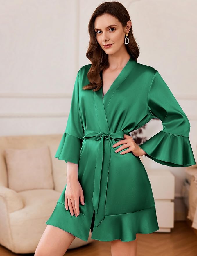 Ekouaer Women's Satin Robe Short Ruffle Hem Silky Robes Lightweight Kimono Brides Bathrobes Sleepwear XS-XXL