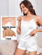 Ekouaer Silk Satin Pajamas Set for Women T-back Lingerie Pjs Cami Top and Shorts Sleepwear Gift for Honeymoon Party
