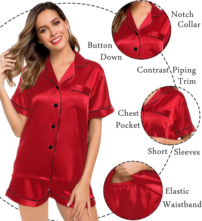 LecGee Womens Silk Satin Pajamas Short Sleeve Loungewear Two-Piece Sleepwear Button-Down Pj Set